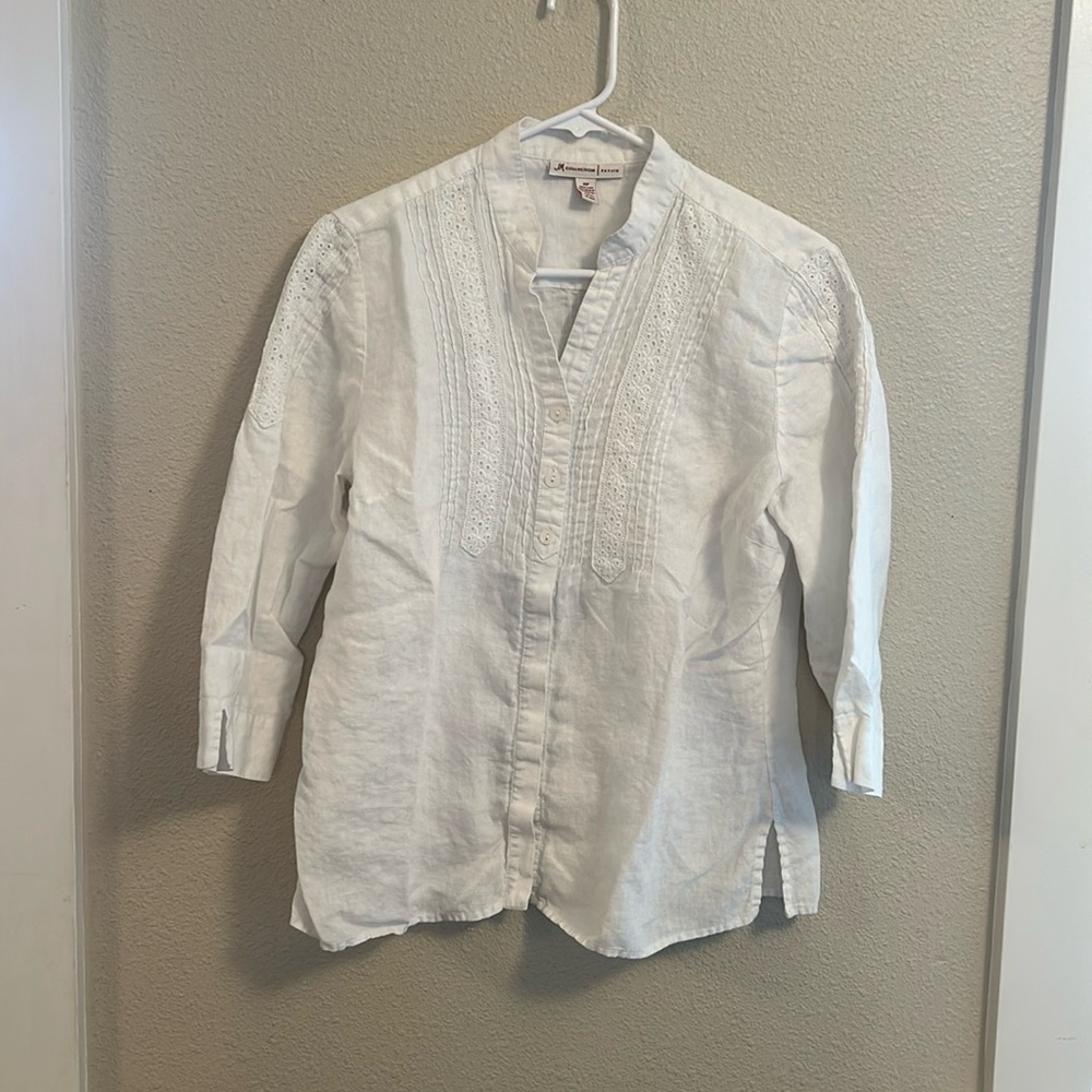 JM Collection White 100% Linen Tuxedo Shirt Size 10P